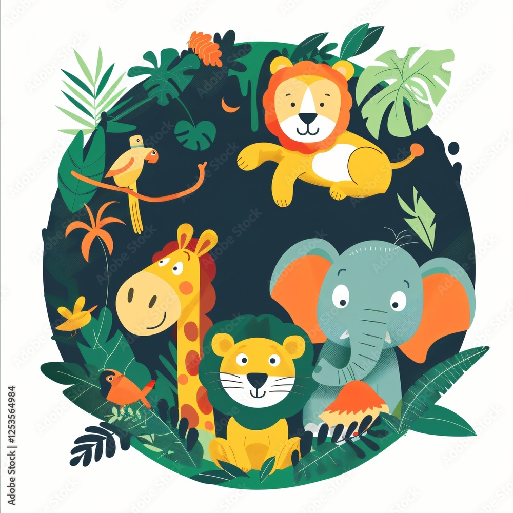 Naklejka premium Adorable Jungle Animals Illustration Lion Giraffe Elephant Parrot in Tropical Foliage