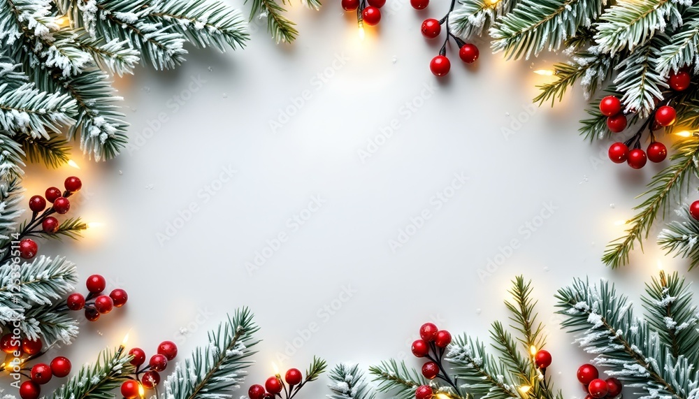 White Christmas background with spruce frosty brunches and Christmas lights. Shiny snowflake hanging on spruce brunch. winter christmas background