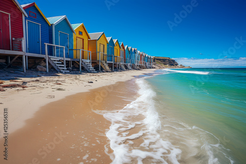 Bunte Strandhäuser am Strand, Muizenberg Beach, Kapstadt, Südafrika, Generative AI photo