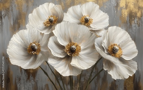 Gorgeous white poppies with golden centers on a soft textured background in an artistic floral painting, perfect for contemporary home decor