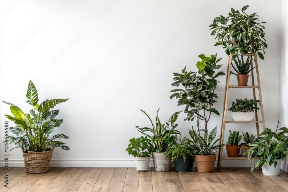 Modern home corner with potted plants, empty wall space