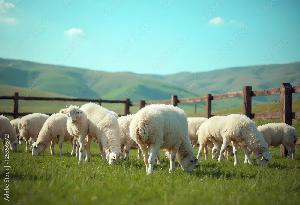 Serene Flock Grazing on Lush Green Pasture Serene Flock Grazing on Lush Green Pasture