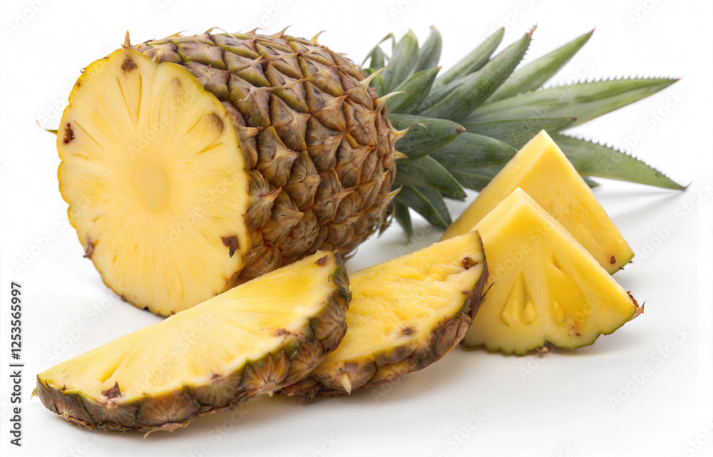 Pineapple fruit whole and cut in half and slice with green leaves