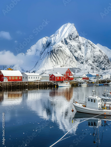 Obraz na płótnie Hamnøy Hafen im Winter auf den Lofoten, Generative AI w salonie