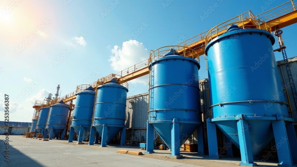 Industrial Complex Featuring a Row of Large Blue Storage Silos Under a Bright Sunny Sky Industrial Complex Featuring a Row of Large Blue Storage Silos Under a Bright Sunny Sky