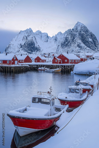 Obraz na płótnie Hamnøy Hafen im Winter auf den Lofoten in der Dämmerung, Generative AI w salonie