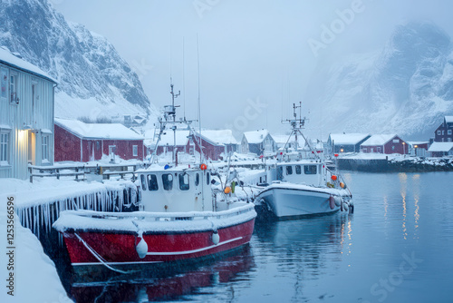 Hamnøy Hafen im Winter auf den Lofoten in der Dämmerung, Generative AI
