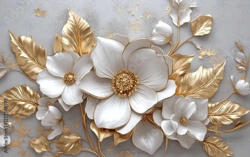 Luxury white and gold floral artwork with elegant petals and metallic leaves in a sophisticated three dimensional digital painting for modern interior design and home decor