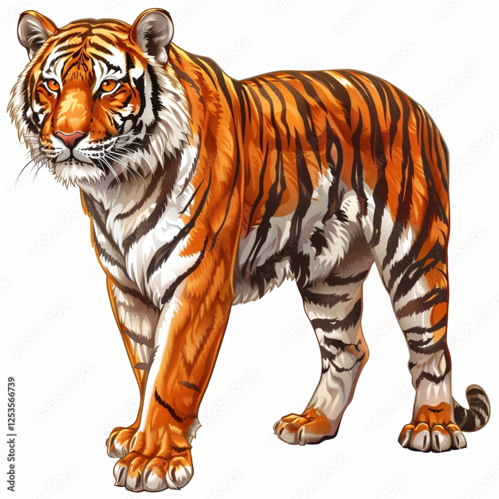 Obraz premium Majestic Bengal Tiger Standing Powerful Wild Cat Orange Stripes Wildlife Illustration