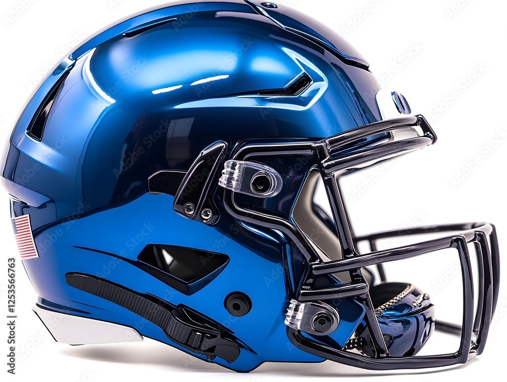 Blue Glossy Football Helmet with Visor and Faceguard on White Background Blue Glossy Football Helmet with Visor and Faceguard on White Background