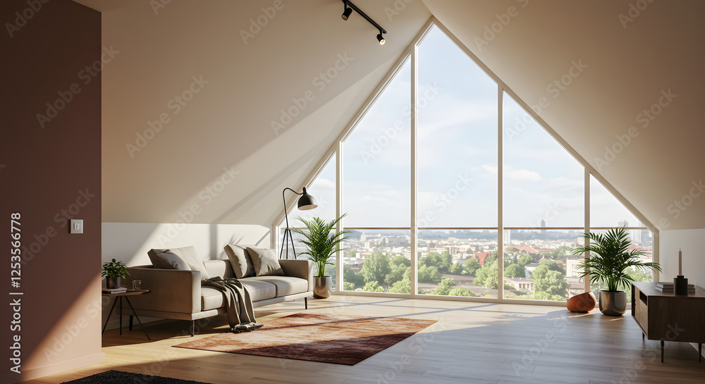 Fototapeta premium Architectural Elegance: Contemporary Apartment with Unique Angled Window and Wall Accents