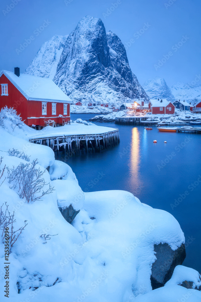 Hamnøy Hafen im Winter auf den Lofoten in der Dämmerung, Generative AI