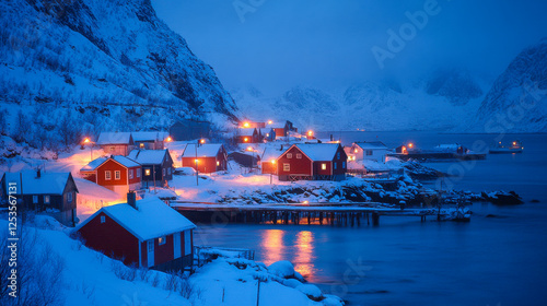 Obraz na płótnie Hamnøy Hafen im Winter auf den Lofoten in der Dämmerung, Generative AI w salonie