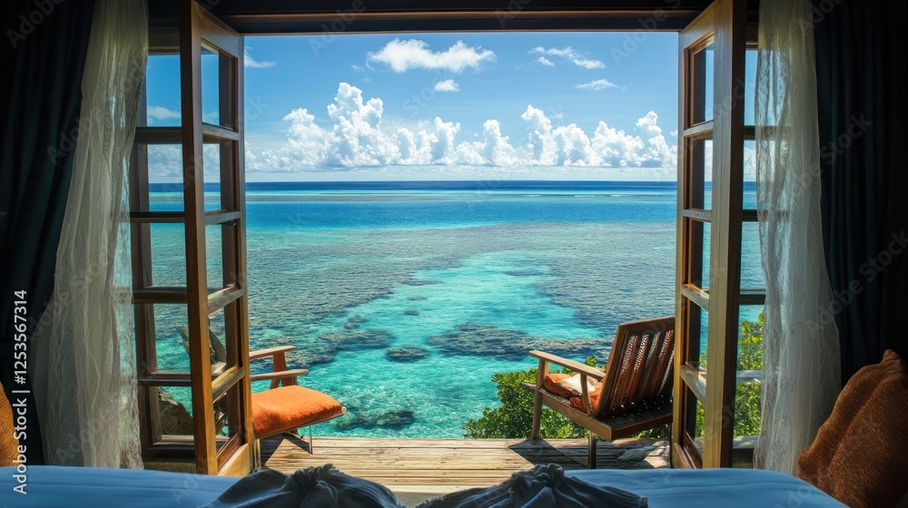Fototapeta premium Ocean View Paradise: Wake up to Breathtaking Coral Reef