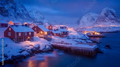 Hamnøy Hafen im Winter auf den Lofoten in der Dämmerung, Generative AI