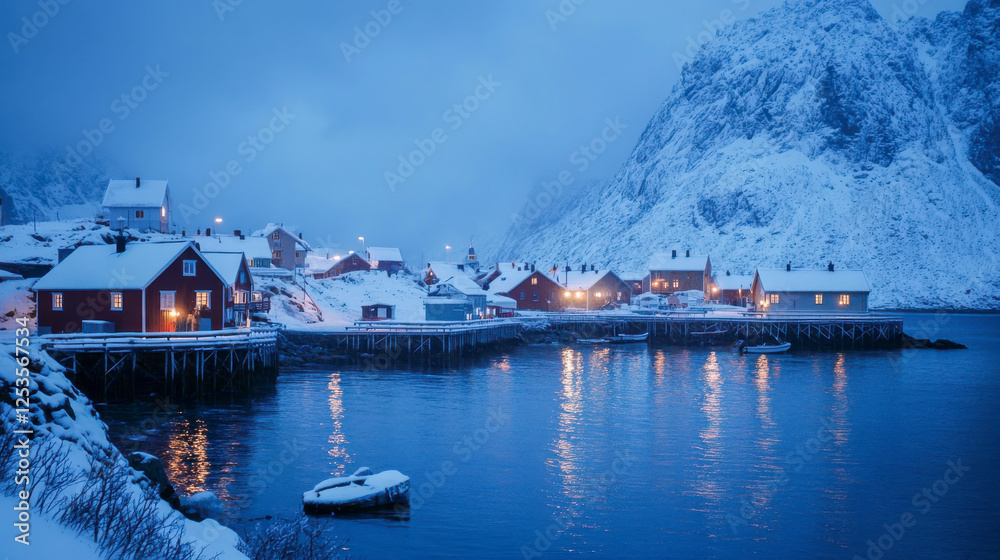Hamnøy Hafen im Winter auf den Lofoten in der Dämmerung, Generative AI