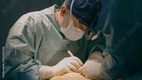 Two doctors operating patient in clinic hospital surgeon man medic physician perform surgical operation cesarean section abdominal plastic surgery cut stomach abdomen with scalpel medicine health care