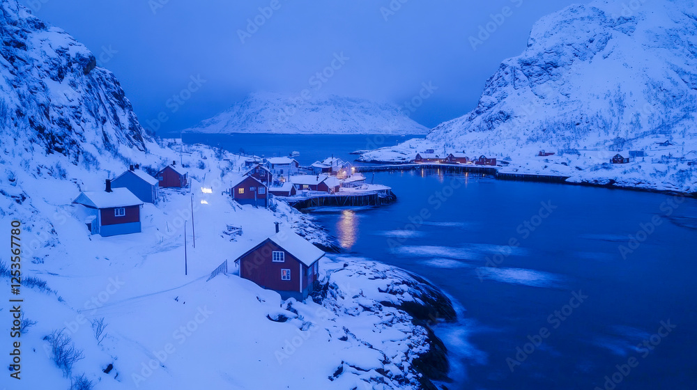 Hamnøy Hafen im Winter auf den Lofoten in der Dämmerung, Generative AI