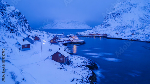 Obraz na płótnie Hamnøy Hafen im Winter auf den Lofoten in der Dämmerung, Generative AI w salonie