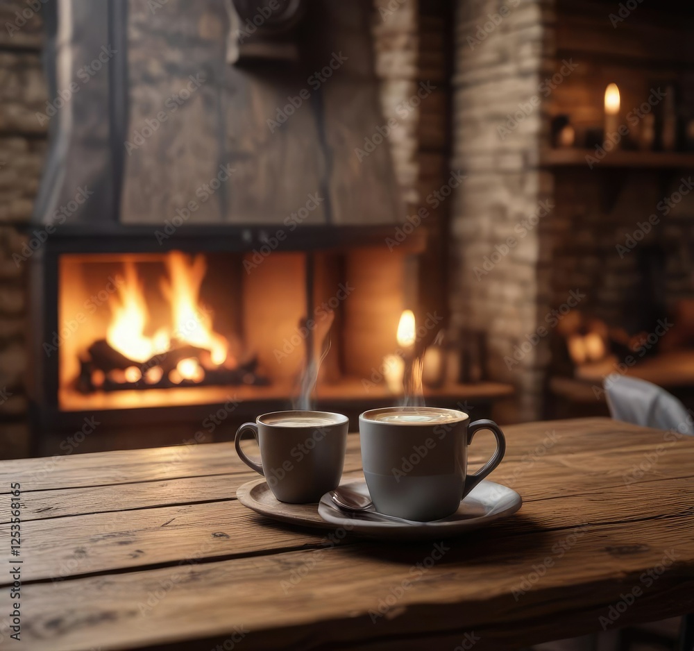 A warm cup of coffee on a wooden table in front of a fireplace in a rustic cafe, rustic decor, vintage furniture, cup A warm cup of coffee on a wooden table in front of a fireplace in a rustic cafe, rustic decor, vintage furniture, cup