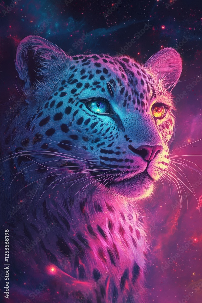 Vibrant cosmic leopard with dazzling colors in space Vibrant cosmic leopard with dazzling colors in space
