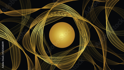 Gold abstract line background. Glowing curved lines. Dynamic wave pattern. Futuristic technology concept. Banner, logo, poster, cover, brochure, flyer, website. Black background. Copy space. Line art.