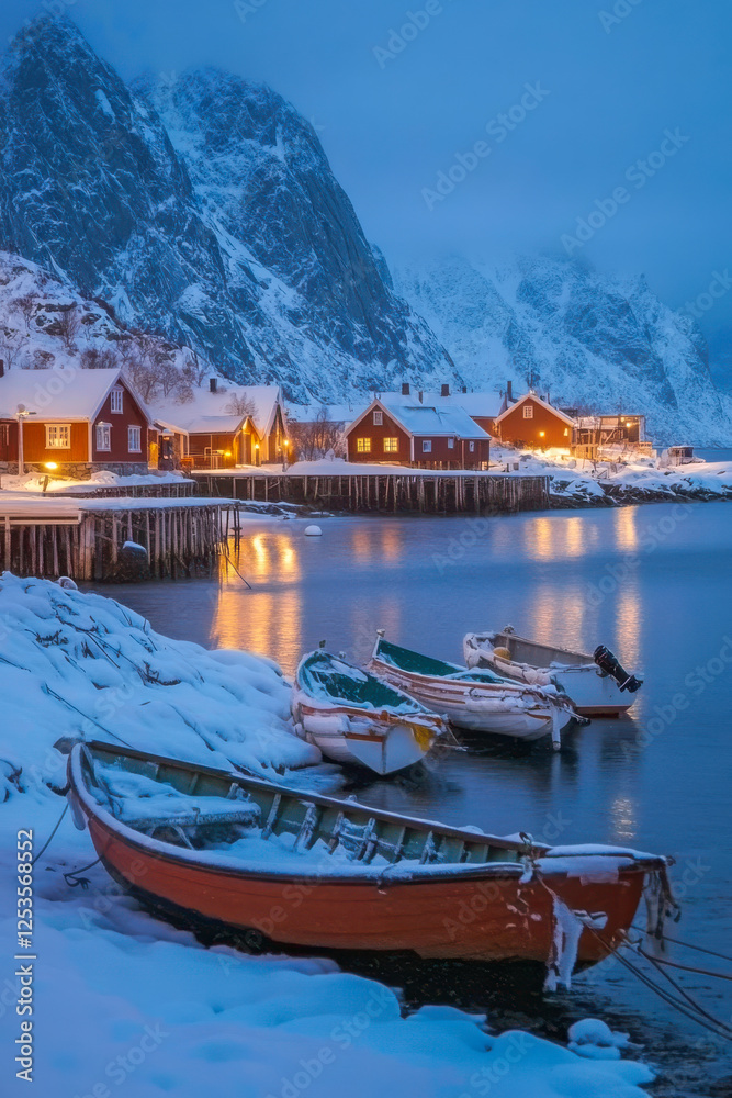 Hamnøy Hafen im Winter auf den Lofoten in der Dämmerung, Generative AI