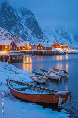 Obraz na płótnie Hamnøy Hafen im Winter auf den Lofoten in der Dämmerung, Generative AI w salonie