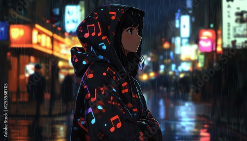 Anime girl stands in rainy city wearing musical note hoodie