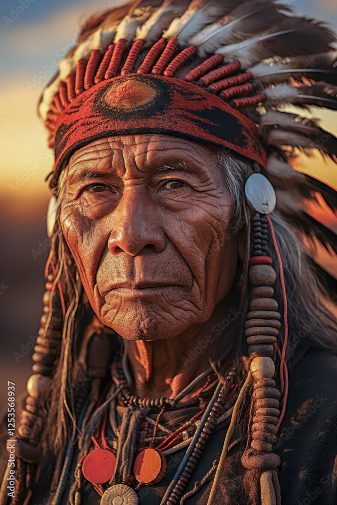 Portrait eines indigenen älteren Mannes mit Kopfschmuck Stammeshäuptling, Indianer, Federschmuck, Generative AI