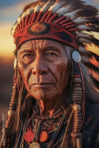 Obraz na płótnie Portrait eines indigenen älteren Mannes mit Kopfschmuck Stammeshäuptling, Indianer, Federschmuck, Generative AI w salonie