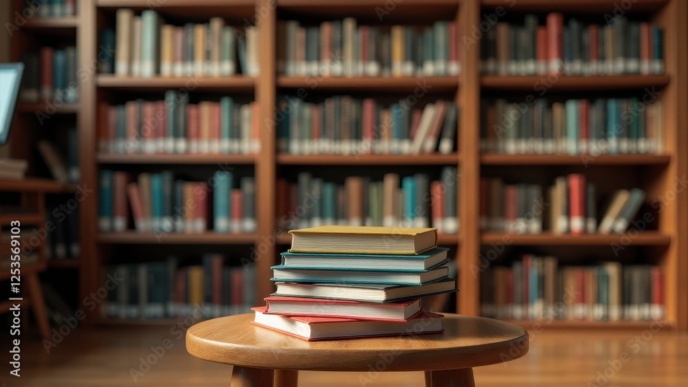Notebook Stack Mockup, Library setting wooden stool with hardcover notebook stack. Notebook Stack Mockup, Library setting wooden stool with hardcover notebook stack.