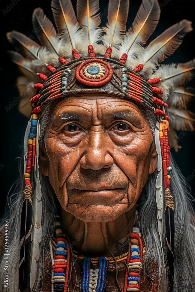 Portrait eines indigenen älteren Mannes mit Kopfschmuck Stammeshäuptling, Indianer, Federschmuck, Generative AI
