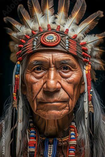 Obraz na płótnie Portrait eines indigenen älteren Mannes mit Kopfschmuck Stammeshäuptling, Indianer, Federschmuck, Generative AI w salonie
