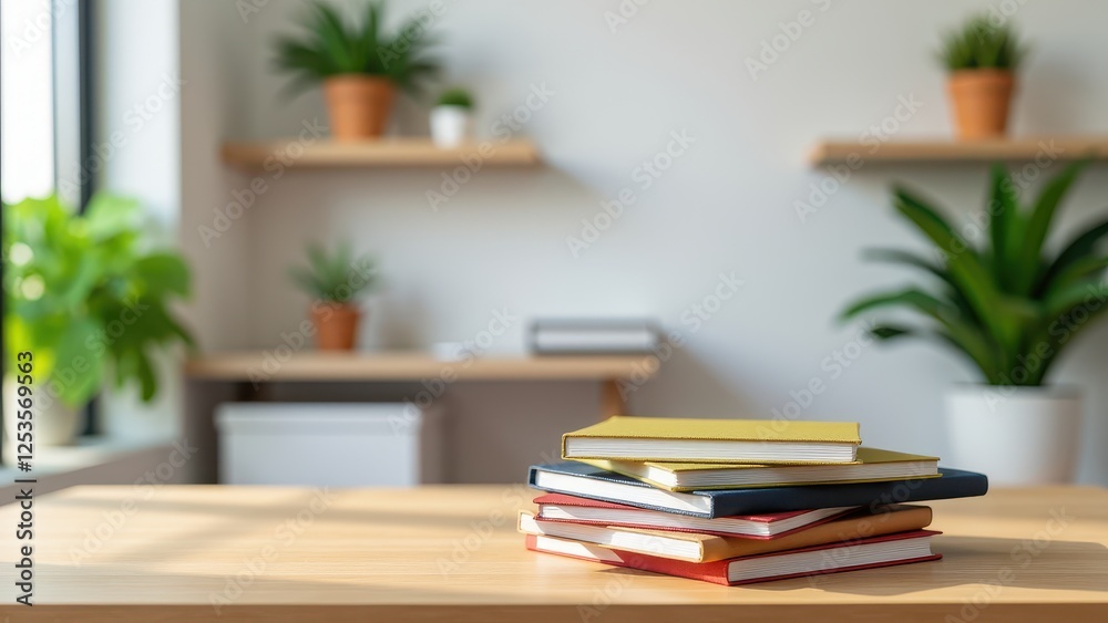Notebook Stack Mockup, Office setting wooden desk with stacked notebooks photorealistic style. Notebook Stack Mockup, Office setting wooden desk with stacked notebooks photorealistic style.