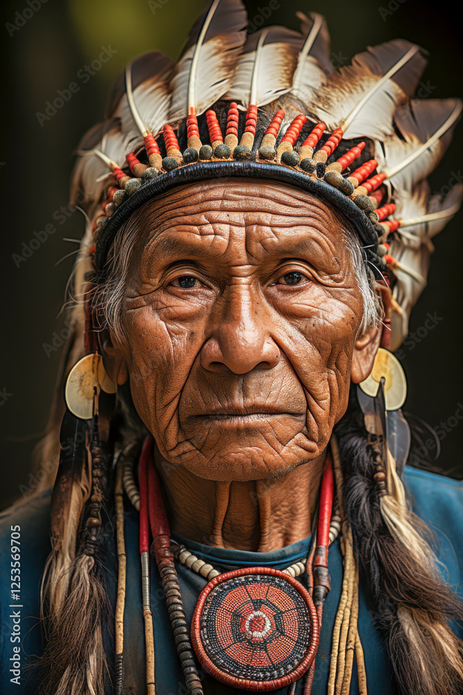 Portrait eines indigenen älteren Mannes mit Kopfschmuck Stammeshäuptling, Indianer, Federschmuck, Generative AI