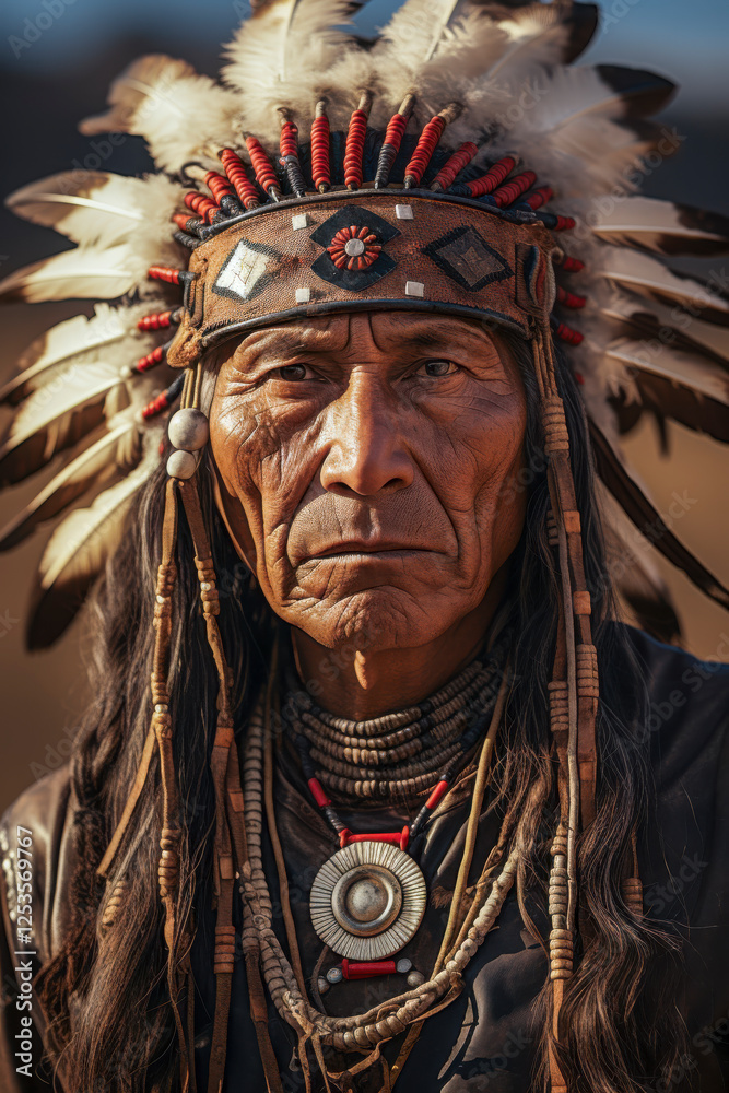 Portrait eines indigenen älteren Mannes mit Kopfschmuck Stammeshäuptling, Indianer, Federschmuck, Generative AI