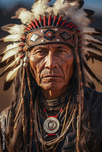 Obraz na płótnie Portrait eines indigenen älteren Mannes mit Kopfschmuck Stammeshäuptling, Indianer, Federschmuck, Generative AI w salonie