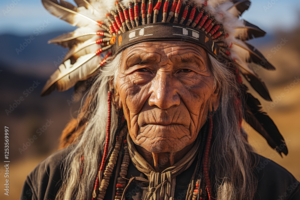 Portrait eines indigenen älteren Mannes mit Kopfschmuck Stammeshäuptling, Indianer, Federschmuck, Generative AI