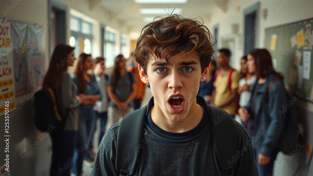 Fototapeta premium Distressed Teenager in School Hallway Expressing Emotion and Struggle