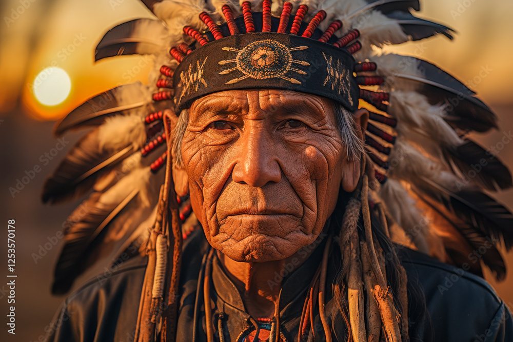 Portrait eines indigenen älteren Mannes mit Kopfschmuck Stammeshäuptling, Indianer, Federschmuck, Generative AI