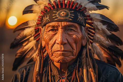 Obraz na płótnie Portrait eines indigenen älteren Mannes mit Kopfschmuck Stammeshäuptling, Indianer, Federschmuck, Generative AI w salonie
