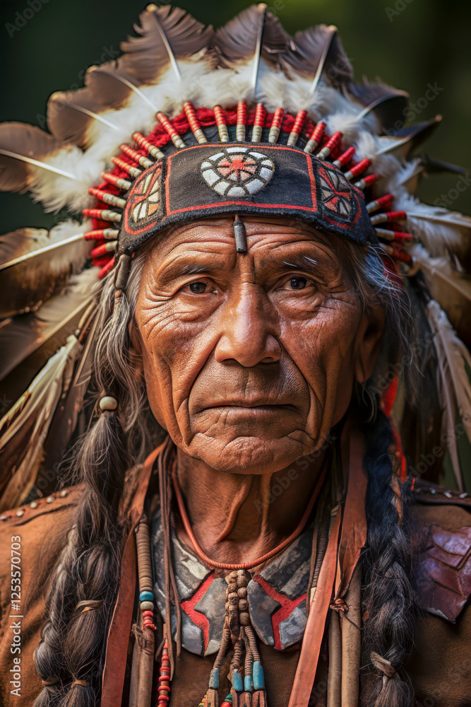 Portrait eines indigenen älteren Mannes mit Kopfschmuck Stammeshäuptling, Indianer, Federschmuck, Generative AI