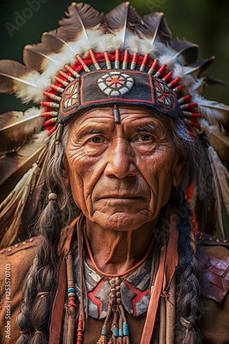 Obraz na płótnie Portrait eines indigenen älteren Mannes mit Kopfschmuck Stammeshäuptling, Indianer, Federschmuck, Generative AI w salonie