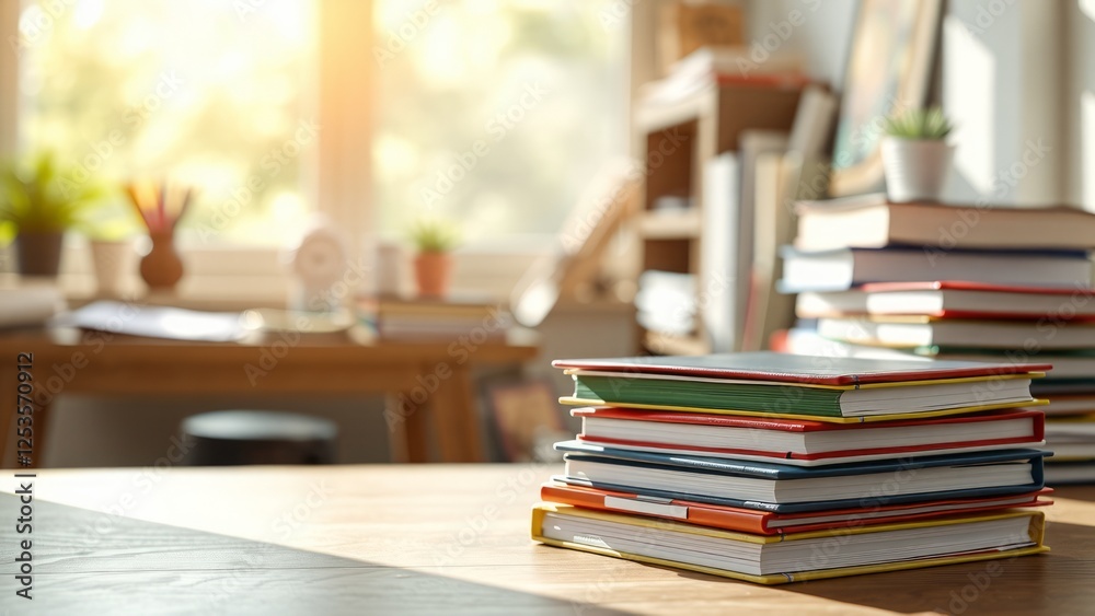 Stacked Colorful Books on a Wooden Table in a Bright Workspace Stacked Colorful Books on a Wooden Table in a Bright Workspace