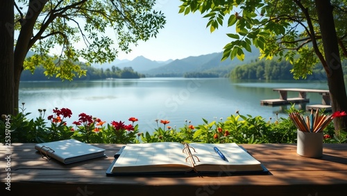 Tranquil Outdoor Workspace with Scenic Lake and Mountain View