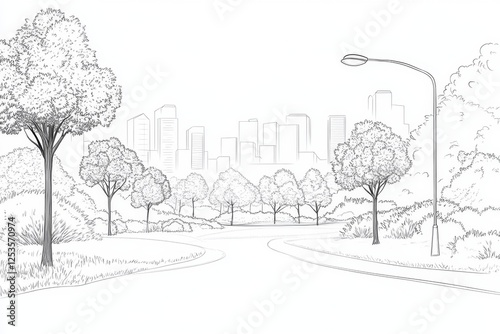 Urban park sketch, winding road, city skyline background, illustration