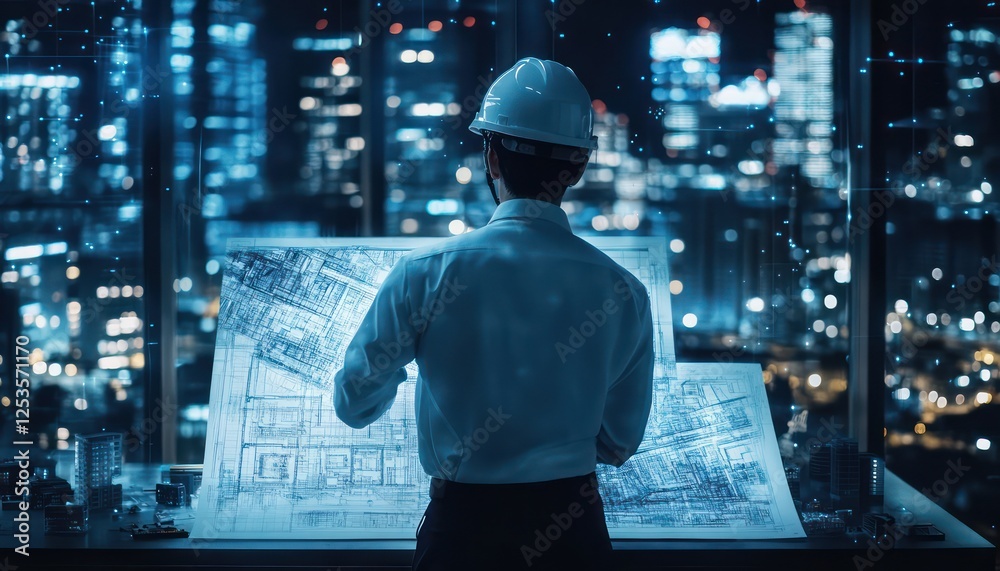 Fototapeta premium Architect examining blueprints with city skyline visible at night