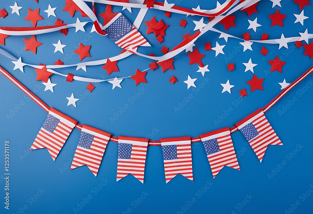 Fototapeta premium Presidents Day Banner with American Flags, Ribbon, Horizontal Border and Confetti Stars of USA Independence Day, American Labor Day on Blue Background