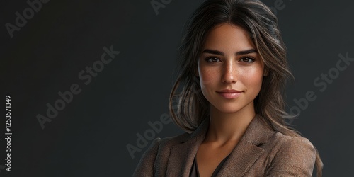 Confident young woman in professional attire poses with arms crossed against dark backdrop
